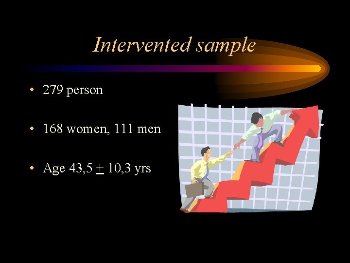 Intervented sample • 279 person • 168 women, 111 men • Age 43, 5