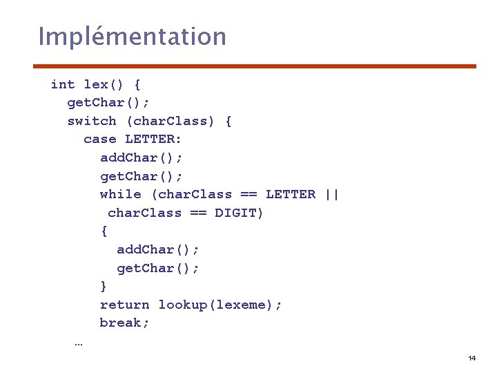 Implémentation int lex() { get. Char(); switch (char. Class) { case LETTER: add. Char();