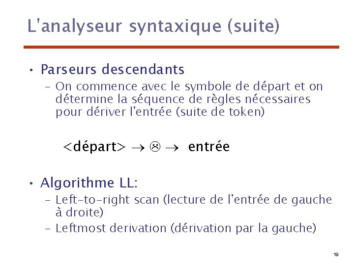 L'analyseur syntaxique (suite) • Parseurs descendants – On commence avec le symbole de départ