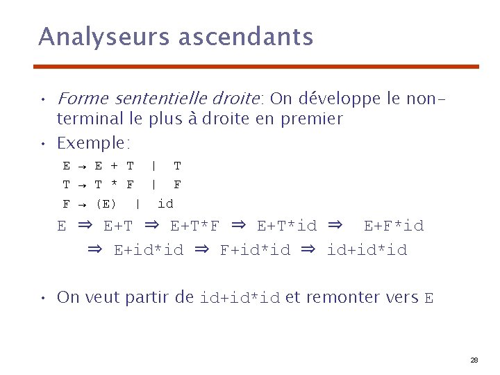Analyseurs ascendants • Forme sententielle droite: On développe le nonterminal le plus à droite