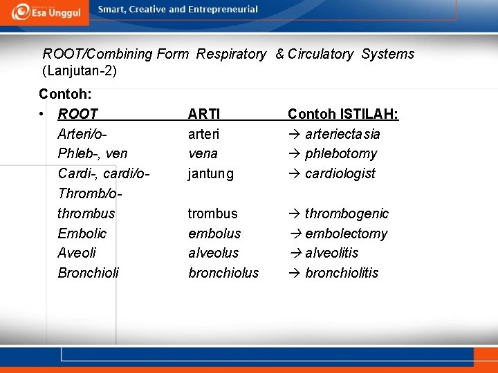 ROOT/Combining Form Respiratory & Circulatory Systems (Lanjutan-2) Contoh: • ROOT Arteri/o. Phleb-, ven Cardi-,