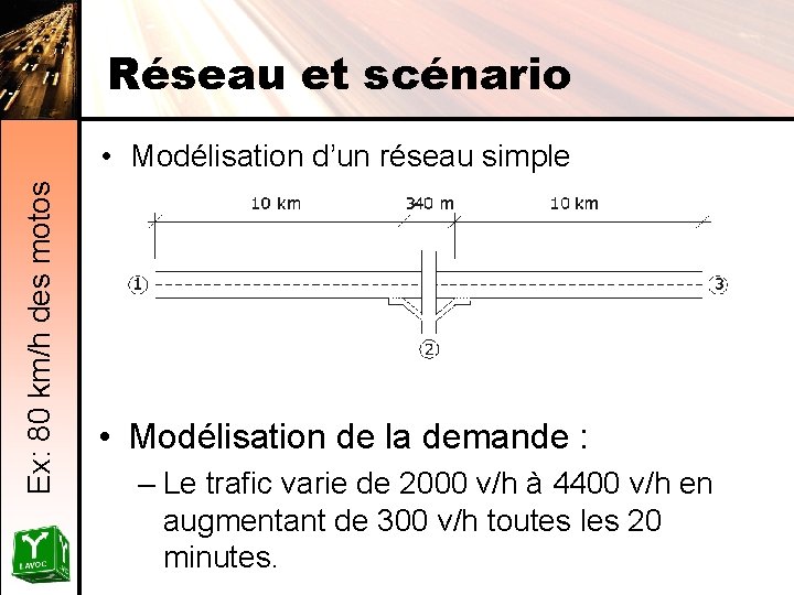 Réseau et scénario Ex: 80 km/h des motos • Modélisation d’un réseau simple •
