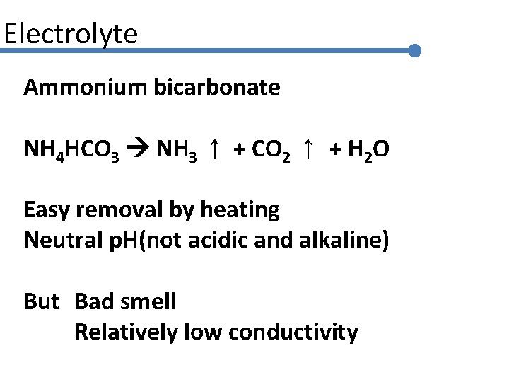 Electrolyte Ammonium bicarbonate NH 4 HCO 3 NH 3 ↑ + CO 2 ↑