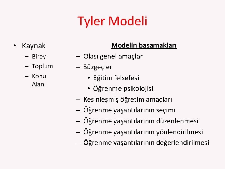 Tyler Modeli • Kaynak – Birey – Toplum – Konu Alanı – – –