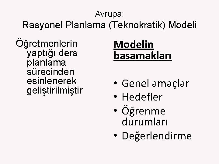 Avrupa: Rasyonel Planlama (Teknokratik) Modeli Öğretmenlerin yaptığı ders planlama sürecinden esinlenerek geliştirilmiştir Modelin basamakları