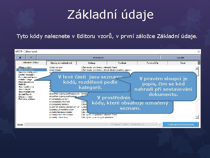 Základní údaje Tyto kódy naleznete v Editoru vzorů, v první záložce Základní údaje. V