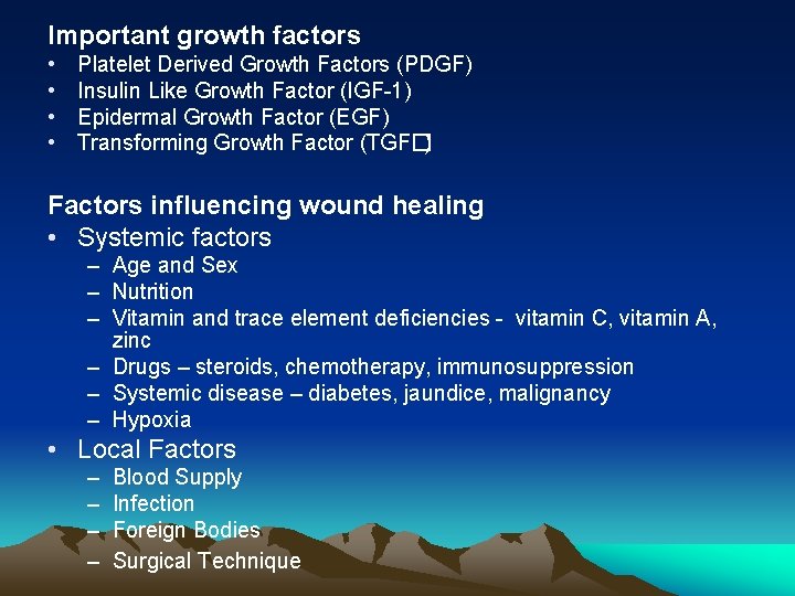 Important growth factors • • Platelet Derived Growth Factors (PDGF) Insulin Like Growth Factor