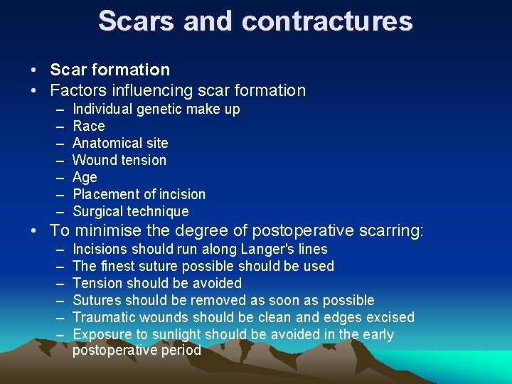 Scars and contractures • Scar formation • Factors influencing scar formation – – –