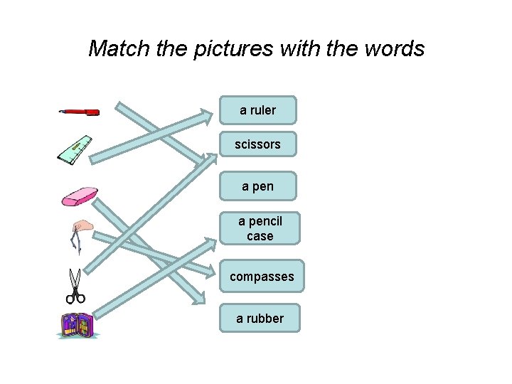 Match the pictures with the words a ruler scissors a pencil case compasses a