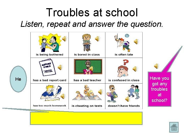 Troubles at school Listen, repeat and answer the question. He Have you got any