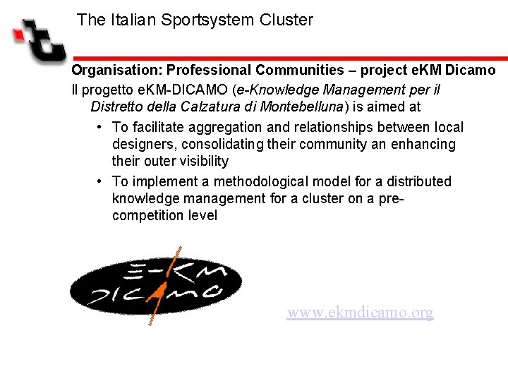 The Italian Sportsystem Cluster Organisation: Professional Communities – project e. KM Dicamo Il progetto