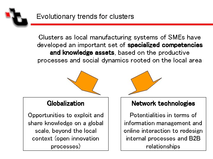 Evolutionary trends for clusters Clusters as local manufacturing systems of SMEs have developed an