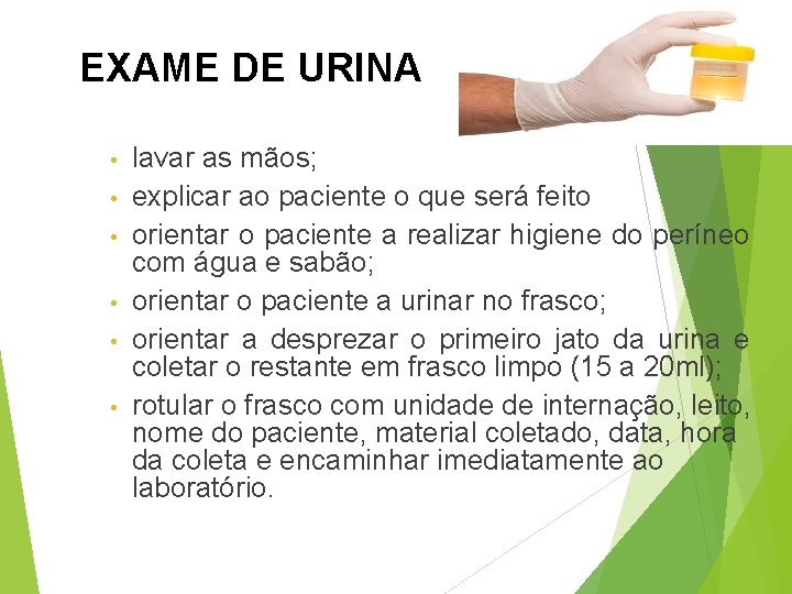 EXAME DE URINA • • • lavar as mãos; explicar ao paciente o que