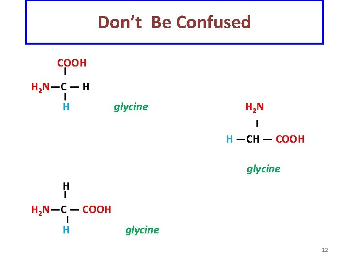 Don’t Be Confused COOH I H 2 N—C — H I H glycine H