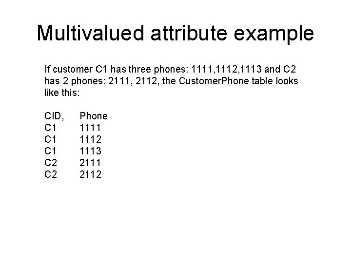 Multivalued attribute example If customer C 1 has three phones: 1111, 1112, 1113 and