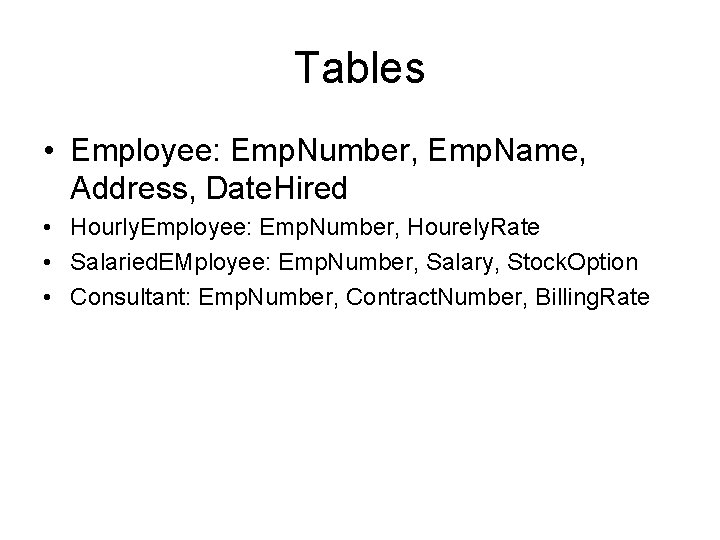 Tables • Employee: Emp. Number, Emp. Name, Address, Date. Hired • Hourly. Employee: Emp.