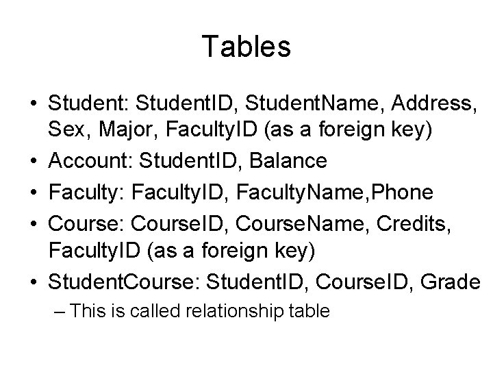Tables • Student: Student. ID, Student. Name, Address, Sex, Major, Faculty. ID (as a