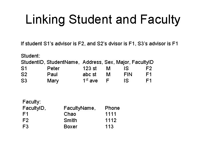Linking Student and Faculty If student S 1’s advisor is F 2, and S