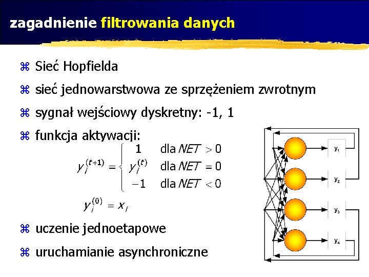 zagadnienie filtrowania danych z Sieć Hopfielda z sieć jednowarstwowa ze sprzężeniem zwrotnym z sygnał