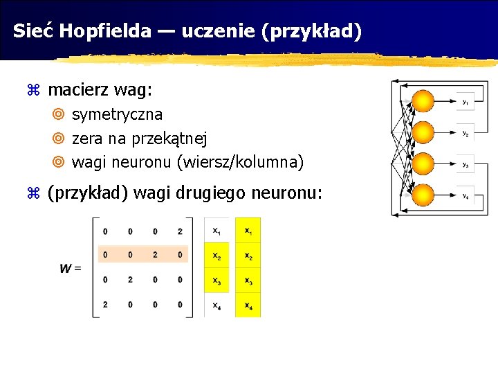 Sieć Hopfielda — uczenie (przykład) z macierz wag: ¥ symetryczna ¥ zera na przekątnej