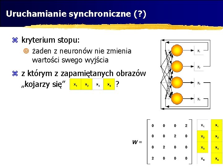 Uruchamianie synchroniczne (? ) z kryterium stopu: ¥ żaden z neuronów nie zmienia wartości