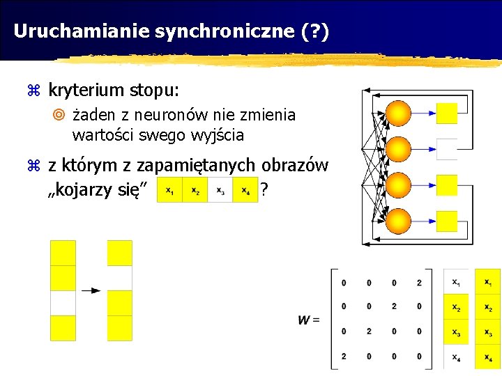 Uruchamianie synchroniczne (? ) z kryterium stopu: ¥ żaden z neuronów nie zmienia wartości