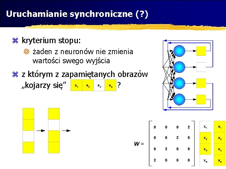 Uruchamianie synchroniczne (? ) z kryterium stopu: ¥ żaden z neuronów nie zmienia wartości