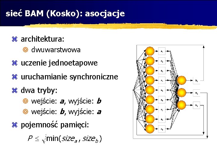 sieć BAM (Kosko): asocjacje z architektura: ¥ dwuwarstwowa z uczenie jednoetapowe z uruchamianie synchroniczne