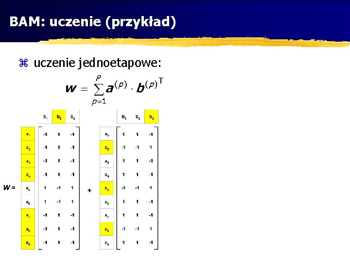 BAM: uczenie (przykład) z uczenie jednoetapowe: 