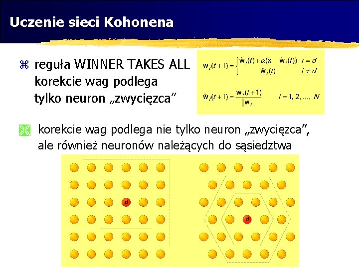 Uczenie sieci Kohonena z reguła WINNER TAKES ALL korekcie wag podlega tylko neuron „zwycięzca”