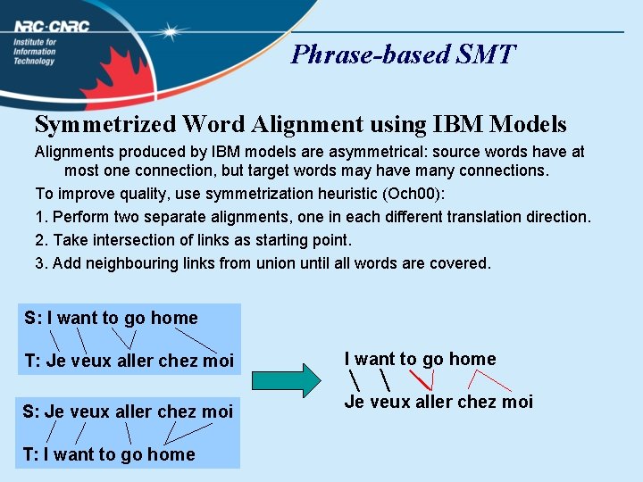 Phrase-based SMT Symmetrized Word Alignment using IBM Models Alignments produced by IBM models are