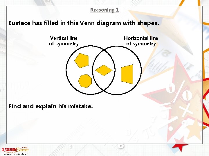 Reasoning 1 Eustace has filled in this Venn diagram with shapes. Vertical line of