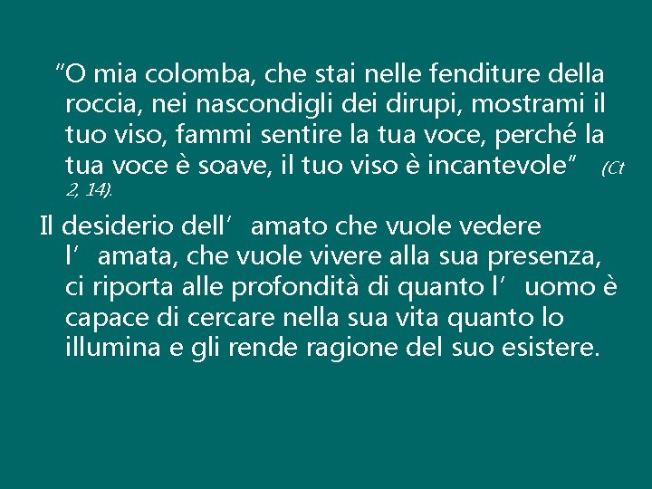 “O mia colomba, che stai nelle fenditure della roccia, nei nascondigli dei dirupi, mostrami