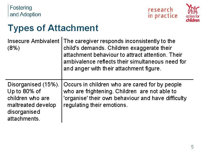 Types of Attachment Insecure Ambivalent The caregiver responds inconsistently to the (8%) child's demands.