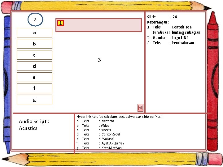 2 Slide : 24 Keterangan: 1. Teks : Contoh soal tumbukan lenting sebagian 2.