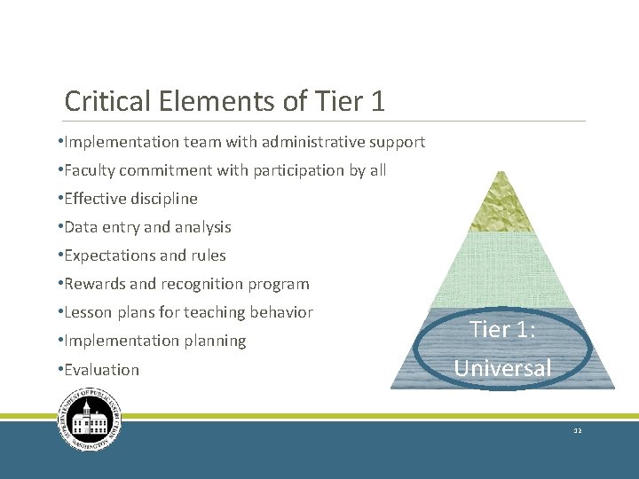 Critical Elements of Tier 1 • Implementation team with administrative support • Faculty commitment