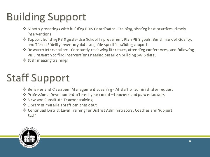 Building Support v Monthly meetings with building PBIS Coordinator- Training, sharing best practices, timely