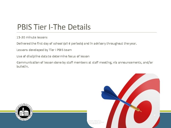 PBIS Tier I-The Details 15 -30 minute lessons Delivered the first day of school
