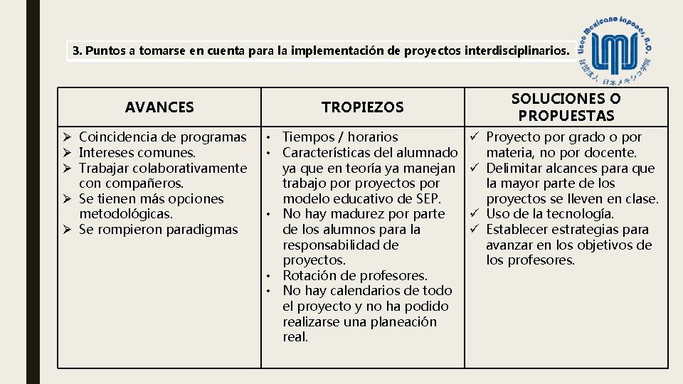 3. Puntos a tomarse en cuenta para la implementación de proyectos interdisciplinarios. AVANCES TROPIEZOS