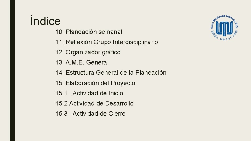 Índice 10. Planeación semanal 11. Reflexión Grupo Interdisciplinario 12. Organizador gráfico 13. A. M.