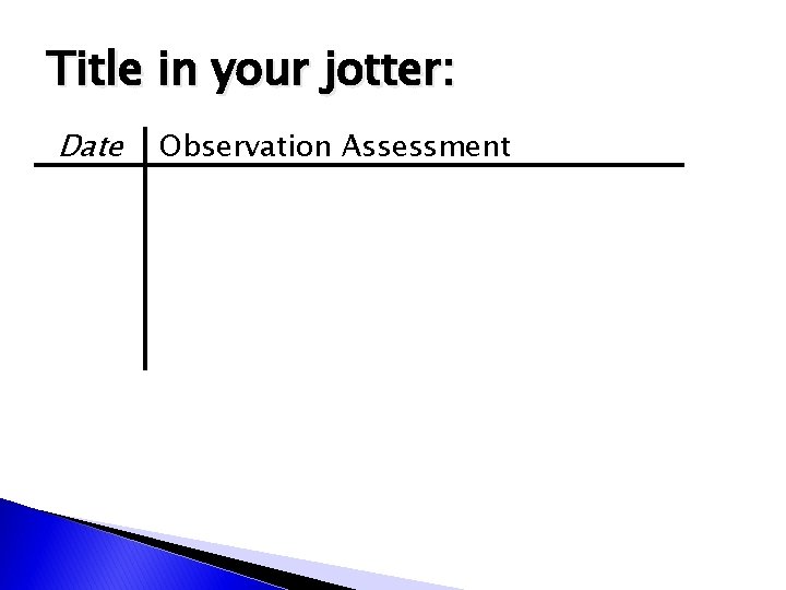 Title in your jotter: Date Observation Assessment 