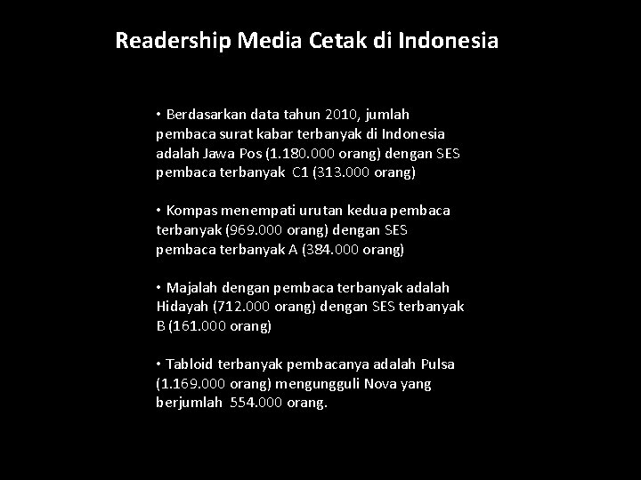 Readership Media Cetak di Indonesia • Berdasarkan data tahun 2010, jumlah pembaca surat kabar