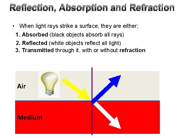 Reflection, Absorption and Refraction • When light rays strike a surface, they are either;
