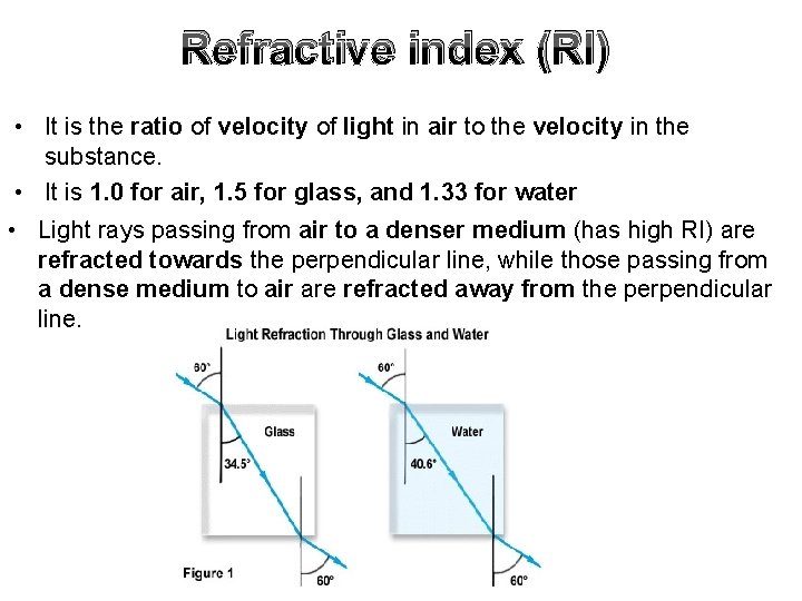 Refractive index (RI) • It is the ratio of velocity of light in air Refractive index (RI) • It is the ratio of velocity of light in air