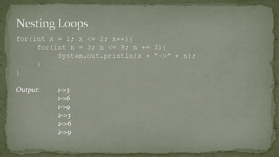 Nesting Loops for(int x = 1; x <= 2; x++){ for(int n = 3;