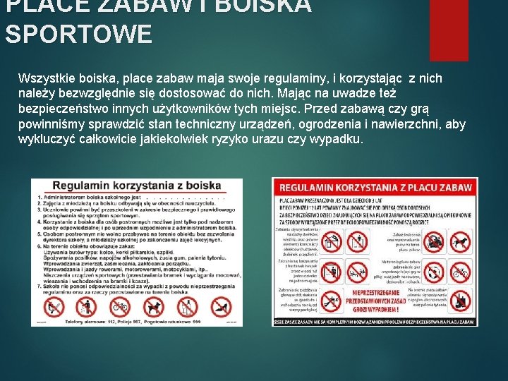 PLACE ZABAW I BOISKA SPORTOWE Wszystkie boiska, place zabaw maja swoje regulaminy, i korzystając