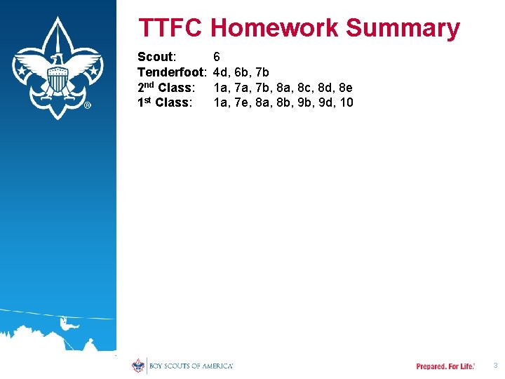 TTFC Homework Summary Scout: Tenderfoot: 2 nd Class: 1 st Class: 6 4 d,