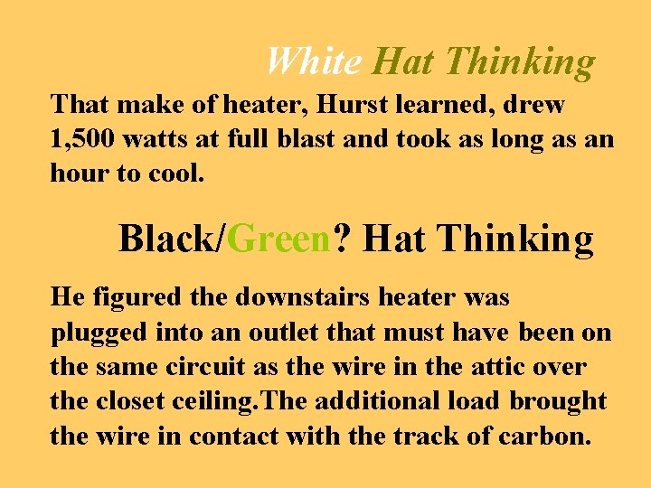 White Hat Thinking That make of heater, Hurst learned, drew 1, 500 watts at