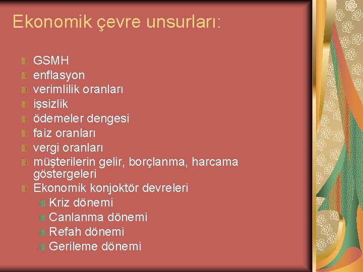 Ekonomik çevre unsurları: GSMH enflasyon verimlilik oranları işsizlik ödemeler dengesi faiz oranları vergi oranları