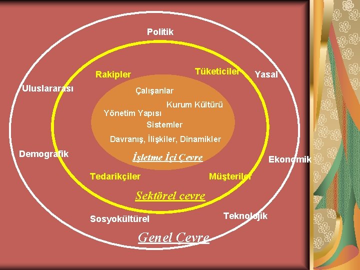 Politik Tüketiciler Rakipler Uluslararası Yasal Çalışanlar Kurum Kültürü Yönetim Yapısı Sistemler Davranış, İlişkiler, Dinamikler